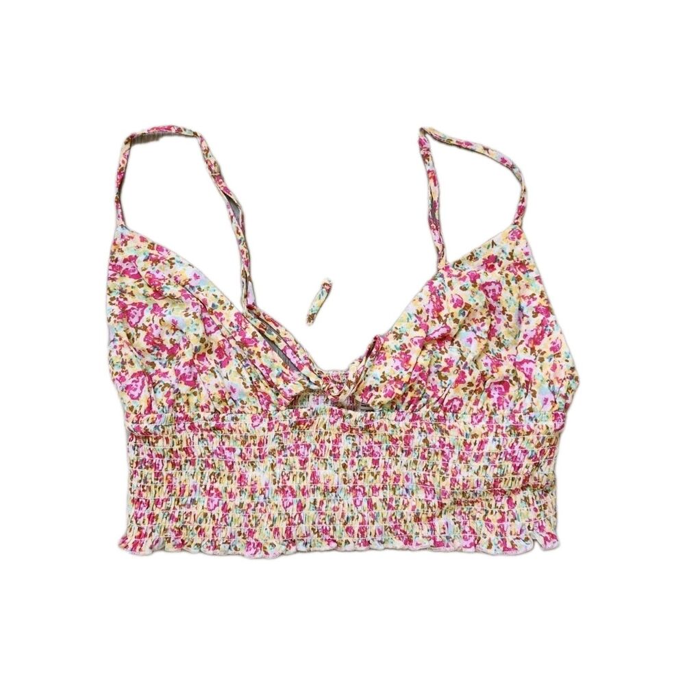Garage Floral Tie Front Crop Top Smocked Back Strappy V Neck Yellow Pink L EUC